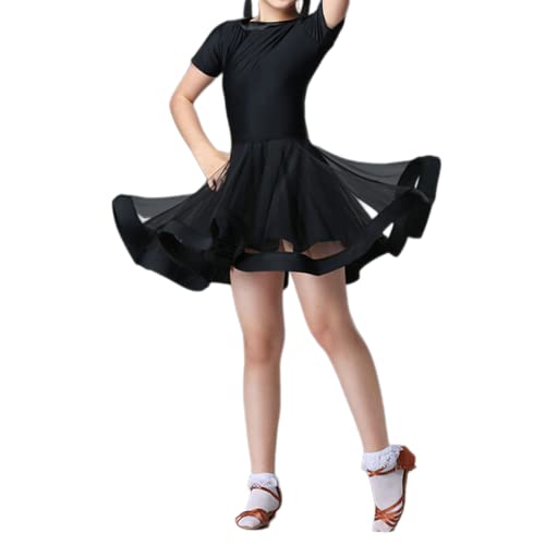 QMIQMI 2023 Spitze Mädchen Latin Dance Kleid Ballsaal Salsa Röcke Rumba Wettbewerb Dancewear Kinder Tango Performance Kostüme Tanzen Praxis Faltenrock,Schwarz,12 Years von QMIQMI