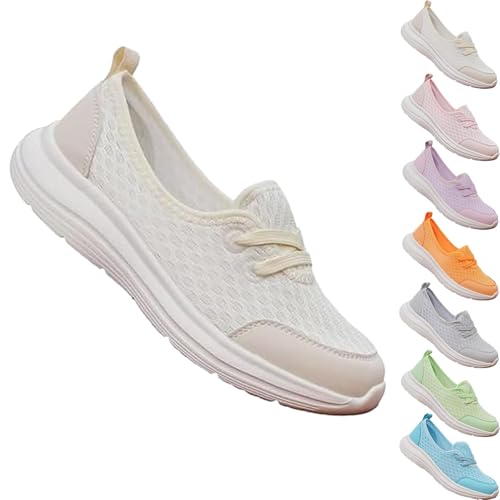 QQLADY 2024 New Women's Soft Sole Mesh Comfort Orthopedic Shoes, Comfortable Walking Shoes Women Arch Support, Low-top Flat Arch Support Walking Shoes, Casual Slip-on Shoes (Beige,EU-39) von QQLADY