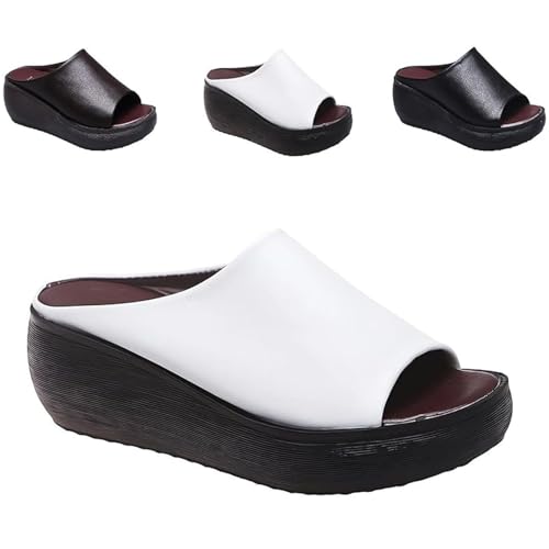 QQLADY Orthopedic Sandals Summer Comfortable Orthotic Leather Wedges Slides Dressy Platform Heel Arch Support Slip Sandals for Women (White,EU-38) von QQLADY