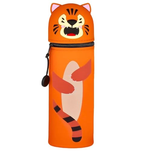 QRKPVHD Kawaii Federmäppchen, mäppchen, 2-in-1 Weiche Silikontasche, Federmäppchen, Stand Up Federmäppchen, Tier Stifthalter, Stifthalter Bleistifttasche Mädchen Junge (Tiger) von QRKPVHD