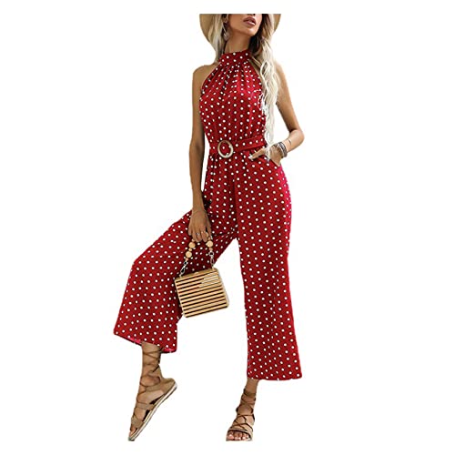 QTANZIQI Ärmelloser Damen-Overall mit Punkten, weites Bein, Hose, Strampler, Neckholder-Gürtel, Playsuit mit Tasche von QTANZIQI