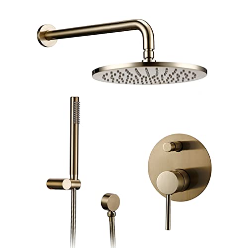 QTANZIQI Duscharmaturen-Set aus gebürstetem Gold, Badezimmer-Wandmontage, rundes Regenduschsystem-Mischer-Set, inklusive Duschkopf und Handbrause, massives Messing von QTANZIQI