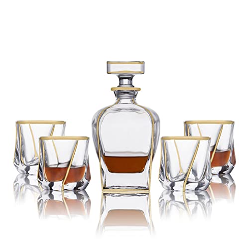 QTANZIQI Goldrand-Whisky-Dekanter-Set mit 4 Gläsern, Kristall-Whisky-Dekanter, Vintage-Whisky-Gläser, Jubiläums-Geburtstagsgeschenke, Geschenke für Männer, Bourbon, Scotch, Cognac, Wodka Silk von QTANZIQI