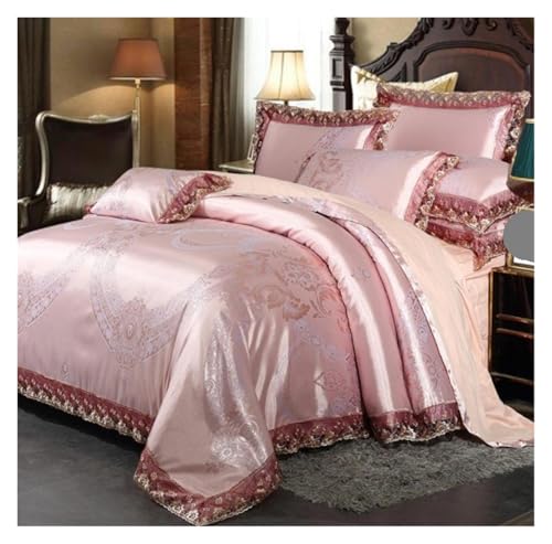 QTANZIQI Moderne Bettbezüge, eleganter Bettbezug, Satin-Jacquard, 4-teiliges Set, Satin-Steppbett-Bettwäsche-Set, Leinen-Kissenbezug, Bettlaken-Set, Bettwäsche-Sets (Rosa, 2 m) von QTANZIQI