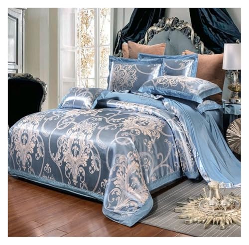 QTANZIQI Moderne Bettbezüge, eleganter Bettbezug, Satin-Jacquard, 4-teiliges Set, Satin-Steppbett-Bettwäsche-Set, Leinen-Kissenbezug, Bettlaken-Set, Bettwäsche-Sets (blau, 1,5 m) von QTANZIQI