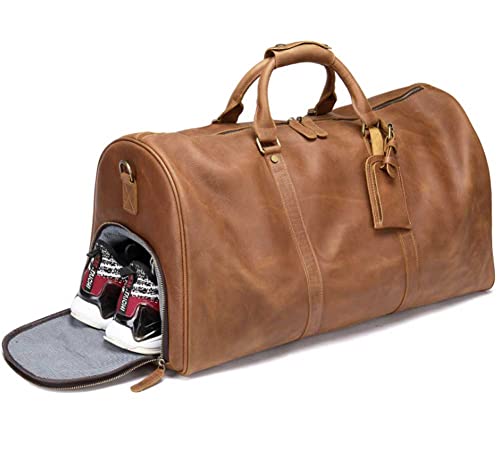 QTANZIQI Übergroße Reise-Reisetasche aus Leder, Echtleder-Reise-Wochenende-Übernachtungs-Reisetasche, Sport-Gepäcktaschen für Herren, braun von QTANZIQI