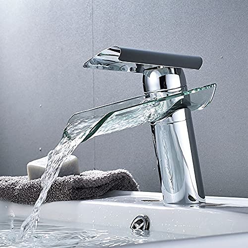 Küchenspülenarmaturen, Wasserhähne Chrom Bad Waschbecken Messing Wasserhahn Waschbecken Wasserhahn Wasserfall Auslauf Glas Bad Kran Kaltes Heißes Wasser Mischbatterien Badarmaturen/Schwarz Bronze von QTYQWC