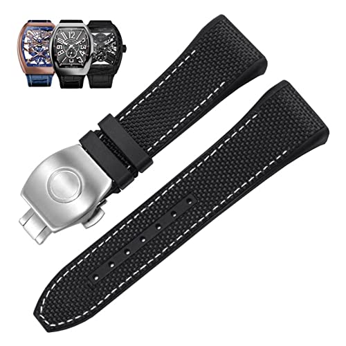 QTYQWC 28 mm Nylon-Uhrenarmband aus echtem Leder und Silikon, schwarz/blau, mit Faltschließe, für Uhrenarmbänder der Franck Muller V45-Serie von QTYQWC