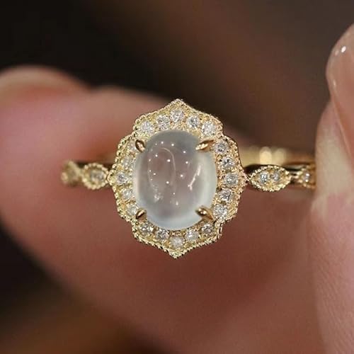 QTYQWC Offener Ring aus 14 Karat Gold mit Blumenmuster, Romantisches Mondstein-Set mit Eier-Eisring, natürlicher Mondstein-Opal, Verstellbarer Ring mit echten Diamanten für Damen von QTYQWC