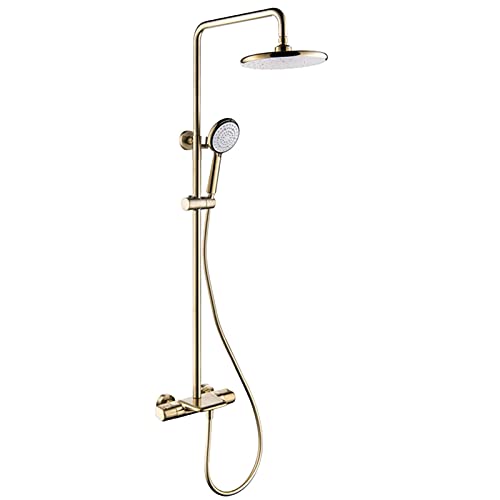 QTYQWC Thermostat-Duscharmatur-Set, gebürstetes Gold, 8-Zoll-Regenduschkopf mit Handbrausen-Set, Wandmontage, Wasserfall-Badewannen-Regenduscharmatur von QTYQWC