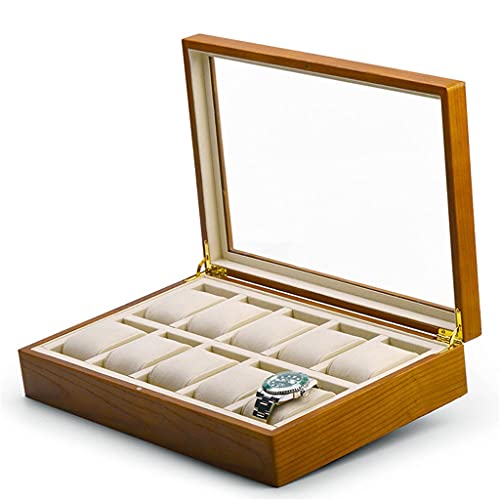 QTYQWC Uhrenbox mit 10 Fächern und Glasdeckel, Innengehäuse aus Holz und Beige, Aufbewahrungsbox, Organizer, Schmuckdisplay (Farbe: A, Größe: wie abgebildet) von QTYQWC