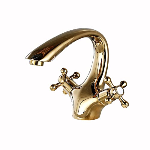 QTYQWC Waschbecken Wasserhahn Doppelgriff Wasserhahn Waschbecken Wasserhahn Antikes Messing Antike Küchenarmatur Messing Antike Messing Badezimmer Wasserhahn Einzelloch,Gold, Wasserhahn Edelstahl von QTYQWC