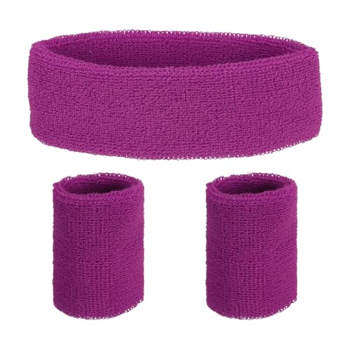 QUARKZMAN Schweißband-Set Sportliches Frottee-Stirnband Handgelenkband-Set 7"x2" Schweiß absorbierendes Stirnband für Frauen Männer Workout Übung Basketball (Lila) von QUARKZMAN