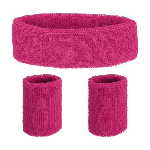 QUARKZMAN Schweißband-Set Sportliches Frottee-Stirnband Handgelenkband-Set 7"x2" Schweiß absorbierendes Stirnband für Frauen Männer Workout Übung Basketball (Tiefrosa) von QUARKZMAN