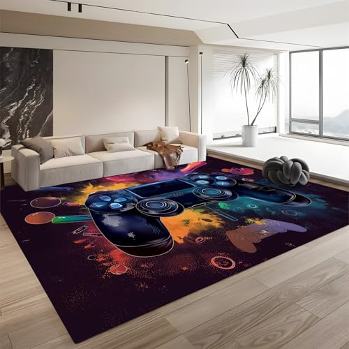 Leicht zu reinigender, zotteliger, weicher Teppich für das Wohnzimmer mit Controller-Gamer-Muster, Videospiele, 120 cm x 180 cm, maschinenwaschbar, mit rutschfester Rückseite, für Jugendzimmer, von QUEAWOQ