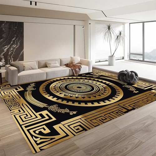 Leicht zu reinigender, zotteliger, weicher Teppich für das Wohnzimmer mit antikem griechischen Mäandermuster, griechischer Schlüssel in Schwarz und Gold, 120 cm x 180 cm, maschinenwaschbar, mit von QUEAWOQ