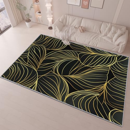 QUEAWOQ Teppich mit goldenen, gewellten Blattlinien, weicher, Rutschfester Teppichboden für Wohnzimmer, Büro, Schlafzimmer, Esszimmer, dekorative Teppiche, Schwarz, 160 cm x 230 cm Octopus feet von QUEAWOQ