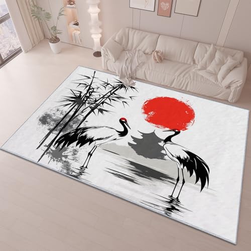 QUEAWOQ Teppiche für Wohnzimmer, traditioneller japanischer Stil, für Schlafzimmer, waschbar, rutschfest, zottelig, weicher Teppich, Flauschige Bodenteppiche, 140 cm x 200 cm, Tuschemalerei, roter von QUEAWOQ