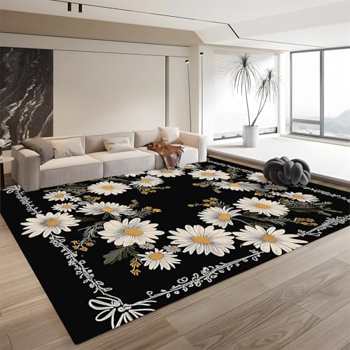 Teppich mit handgezeichnetem Gänseblümchen-Blumenmuster – weiche, rutschfeste Teppich-Bodenmatte für Wohnzimmer, Büro, Schlafzimmer, Esszimmer, dekorative Teppiche – schwarze 80 cm x 150 cm große von QUEAWOQ