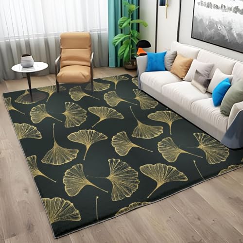 Teppiche für Wohnzimmer, 140 cm x 200 cm, schwarz, Flächenteppiche für Schlafzimmer, waschbar, rutschfest, zottelig, weicher Teppich, flauschiger Bodenteppich, goldenes Ginkgo-Biloba-Blatt-Muster, von QUEAWOQ