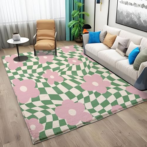 Teppiche für das Wohnzimmer, 3D-Muster mit grünem und weißem Schachbrettmuster und rosa Blumen, für das Schlafzimmer, waschbar, rutschfest, zottelig, weicher Teppich, flauschige Bodenteppiche, 160 cm von QUEAWOQ