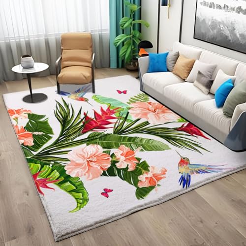 Teppiche für das Wohnzimmer, Schmetterlings-Kolibri-Blumenmuster, Teppiche für das Schlafzimmer, waschbar, rutschfest, zottelig, weicher Teppich, flauschige Bodenteppiche, 140 cm x 200 cm, Teppiche von QUEAWOQ