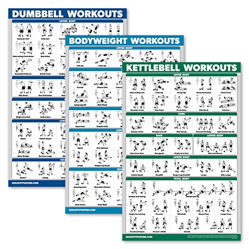 "QuickFit 3er-Pack – Hanteltraining + Kugelhantel-Übungen + Bodyweight Routine Poster-Set – Set mit 3 Trainingstabellen, laminiert, 18" x 27"" von QuickFit