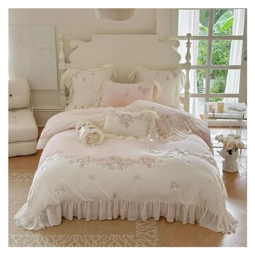 QWAXTRIW Rose Blumen Stickerei Romantische Französisch Spitze Rüschen Bettwäsche Set Plüsch Wärme Samt Fleece Bettbezug Set Bettlaken Kissenbezug Bett Vier Stücke Set, von QWAXTRIW