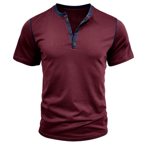 QWERMNBVFG Herren Henry Shirt Retro Kurzarm Muscle Gym Sommer Knopfleiste Casual Top Slim Fit einfarbig T-Shirt,Burgundy,XL von QWERMNBVFG