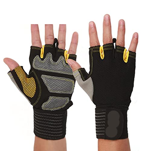 Sporthandschuhe, Halbfingerhandschuhe, Gewichtheberhandschuhe for das Training im Fitnessstudio for Männer und Frauen, atmungsaktiver Schutz, Halbfingerhandschuhe, lange Handgelenkstütze(Yellow,XL) von QWFVHJ