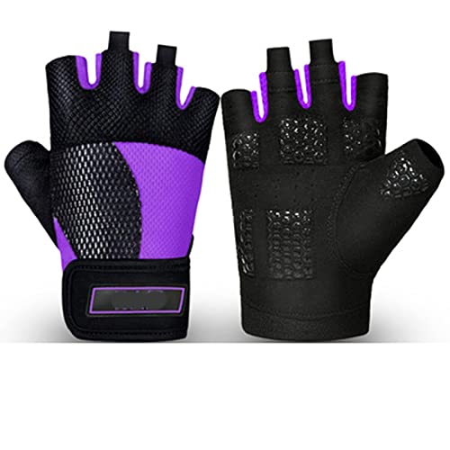 Sporthandschuhe, Halbfingerhandschuhe, Gewichtheberhandschuhe mit Handgelenkstütze, Fitnesshandschuhe for Männer und Frauen, rutschfester Handflächenschutz, gepolsterte Handschuhe, Halb(Purple,L) von QWFVHJ