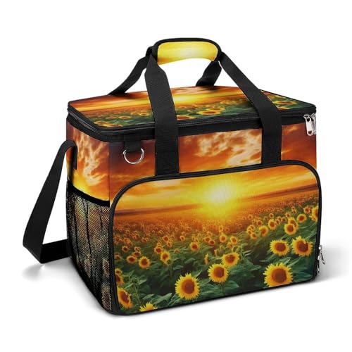 Outdoor-Kühltasche, Motiv: Sonnenblumenfeld und Sonnenuntergang, große Kapazität, Kühltasche für den Außenbereich von QWHJK