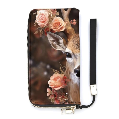 QWHJK Minimalistische Geldbörse für Herren, Hirsch mit Blumendruck, niedliche Geldbörse, Reisebrieftasche, Damen, Hirsch mit Blumen, 20 x 10,5 cm, modern, Hirsch mit Blumen, 20x10.5cm, Modern von QWHJK