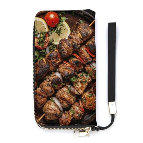 QWJKM Kebab auf Holzteller, Ledergeldbörse für Herren und Damen, schmal, vertikal, lange Geldbörse mit Reißverschluss, Kartenhalter, weiß, 20 x 10,5 cm, weiß, 20x10.5cm von QWJKM