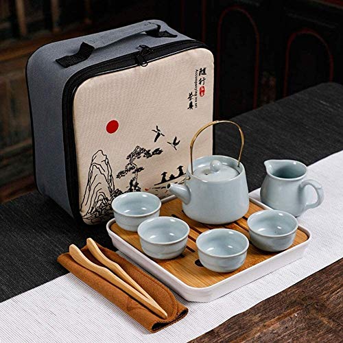 Europäisches Teeservice aus Keramik, Business-Kaffeetassen-Set, Reise-Teekanne, handgefertigt, chinesisch-japanisches Kungfu-Teeservice, Porzellan-Teekanne, Teetassen, Bambus-Teetablett (Farbe: Grün) von QXGJTLI