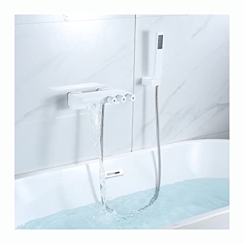 QXGJTLI Badewannenarmatur, Wasserfall mit Handbrause, Wannenarmatur, wandmontierte Wannenarmatur, Wannenfüllarmatur aus Messing, 3 Griffe, Einfüllmischbatterie mit 1,5 m Brauseschlauch, Chrom (weiß) von QXGJTLI