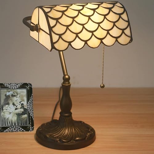 QXGJTLI Bankier's Tischlampe, farbige Glaslampe, Schreibtischlampe mit Kristallperlen, Leselampe für Arbeitszimmer und Schlafzimmer bei Nacht (Lampenschirm aus Glasperlen mit beigen Schuppen) von QXGJTLI