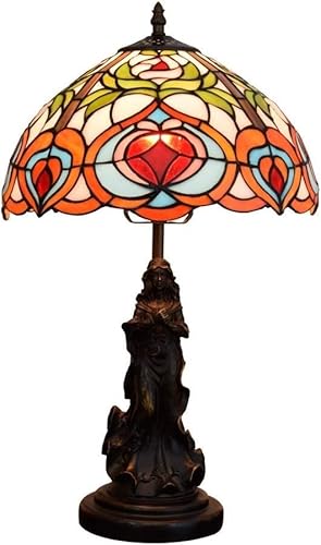 QXGJTLI Tischlampen 12" Stil Farbige Glas Tischlampe Retro Esszimmer Wohnzimmer Schlafzimmer Nachttischlampe Kreative Pfirsich Muster Tischleuchte von QXGJTLI