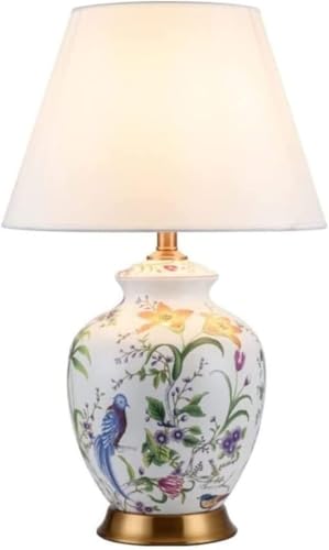 Tischlampe, Nachttischlampe, handbemalte Blumen- und Vogel-Tischlampe aus glasierter Keramik, für Schlafzimmer, Wohnzimmer, Arbeitszimmer, Nachttischlampe, Tischlampen für Schlafzimmer (Dimmschalter, von QXGJTLI