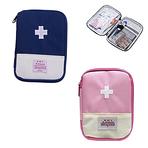 2 Stück Medikament Tasche, Mini Erste Hilfe Tasche Leer, Tragbare Mini Erste-Hilfe Set, Notfalltasche, für Notsituationen zu Hause, im Büro, auf Reisen, beim Wandern, Camping (Blau, Pink) Groß von Qanye
