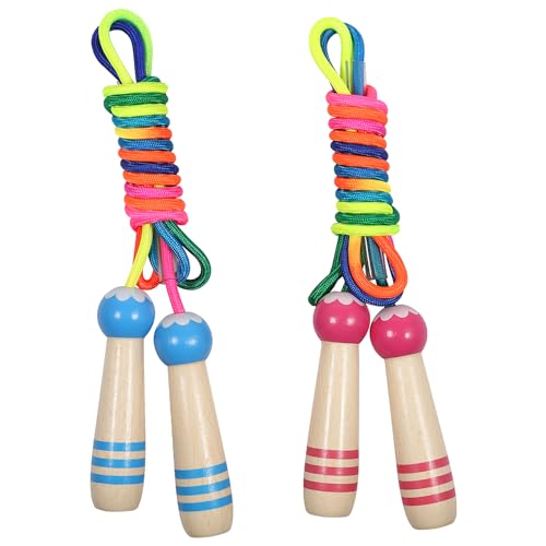 Qetlavee Springseil Kinder, 2 Stück 220CM Verstellbare Seilspringen, Jump Rope mit Holzgriff, Skipping Rope, Schulanfang Geschenke für Jungen und Mädchen, Springseil für Kinder ab 6, 7, 8, 9, 10 Jahre von Qetlavee