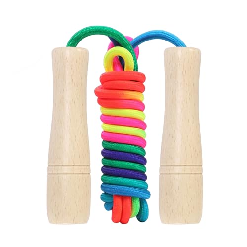 Qetlavee Springseil Kinder, Skipping Rope, 220CM Verstellbare Seilspringen, mit Holzgriff, 7 Farben Regenbogen von Qetlavee