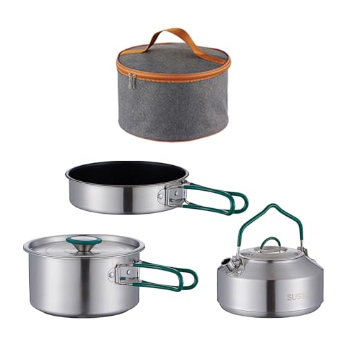 Qianly Camping Kochset mit 3 Teilen, Edelstahl Kochausrüstung, Tragetasche, Topf, Pfanne, Wasserkocher für Outdoor Aktivitäten, 1 L Frying Pan von Qianly