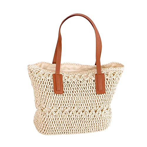 Qianly Damen Handtasche Aus Gewebtem Material mit Schulterriemen für Reisen Und Strand, Beige von Qianly