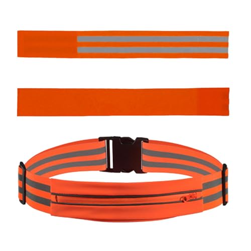 Qianly Reflektierender für Gürtel, Reflektierender Hüftgurt, Reflektierende Laufausrüstung, Lauf Hüfttasche Zum Radfahren bei Nachtspaziergän, Orange, 1 Gürtel und 2 Armbänder von Qianly