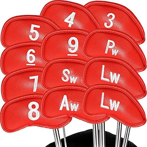 Golf Headcover,SchläGerkopfhüLlen 12 stücke pu-Leder golfclub Abdeckung set wasserdichte tragbare eisen kopfabdeckungen schwarz rot blau putter zubehör(Red) von QiaoJun