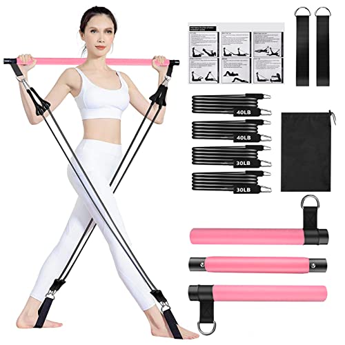 Qicool Pilates-Stange, Pilates-Bar-Set mit 4 Widerstandsbändern (2 x 30 lbs, 2 x 40 lbs), Widerstandsband mit Fußgurt für Beine, Hüfte, Taille und Arm (Rosa) von Qicool