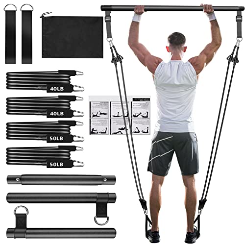 Qicool Pilates bar Set, Einstellbarer Pilates Bar mit 4 Resistances Bands（40 LBSx2、50LBSx2） Schaumstoffgriff und Türanker. tragbare fitnessgeräte für zuhause, für Yoga, Stretch, Formen. (Schwarz) von Qicool