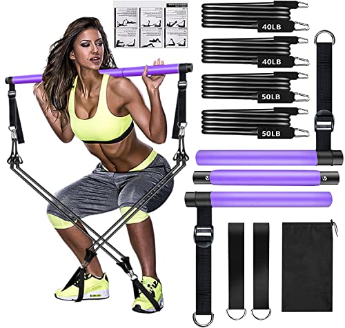 Qicool Pilates bar Set, Einstellbarer Pilates Bar mit 4 Resistances Bands（40 LBSx2、50LBSx2） Schaumstoffgriff und Türanker. tragbare fitnessgeräte für zuhause, für Yoga, Stretch, Formen. (violett) von Qicool