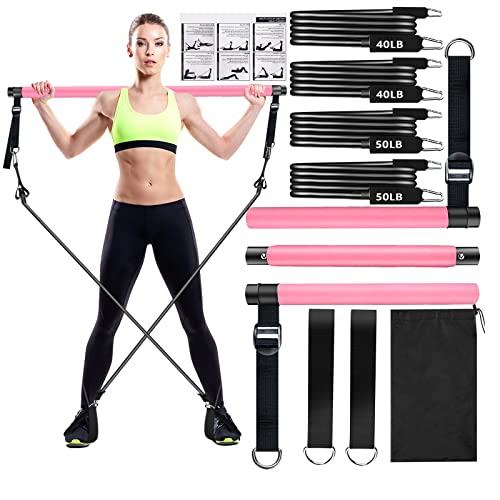 Qicool Pilates bar kit, Einstellbarer Pilates Bar mit 4 Resistances Bands（40 LBSx2、50LBSx2） Schaumstoffgriff und Türanker. tragbare fitnessgeräte für zuhause, für Yoga, Stretch, Formen. (Rosa) von Qicool